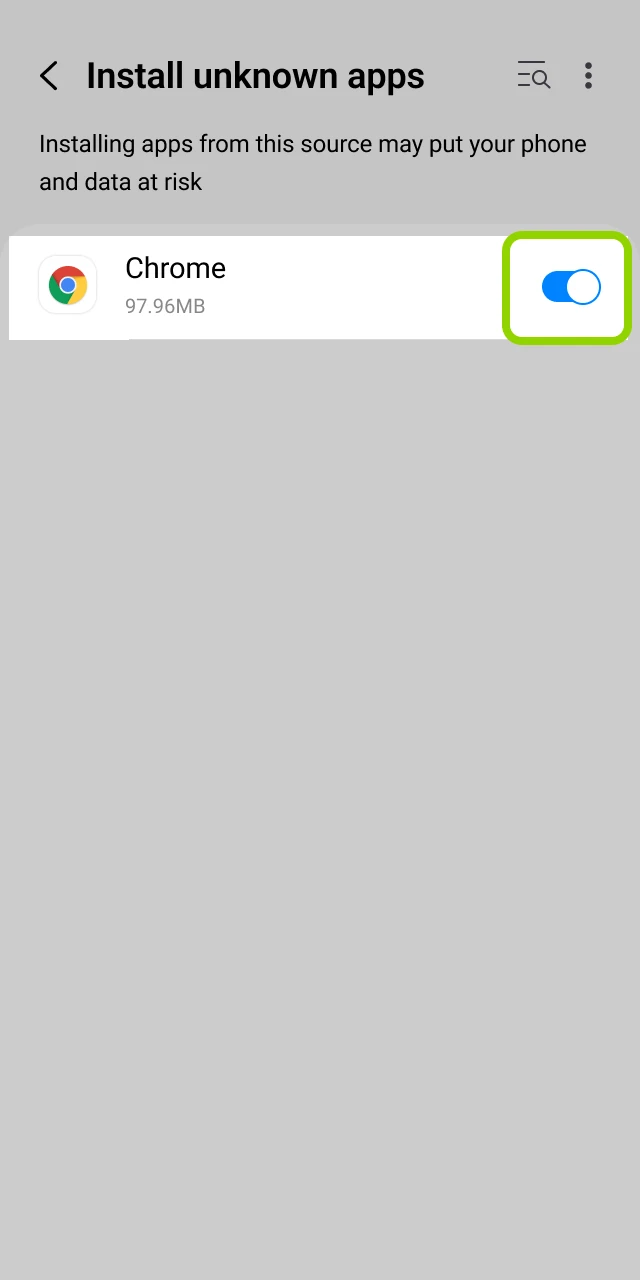 Android security settings screen showing the Unknown Sources toggle.