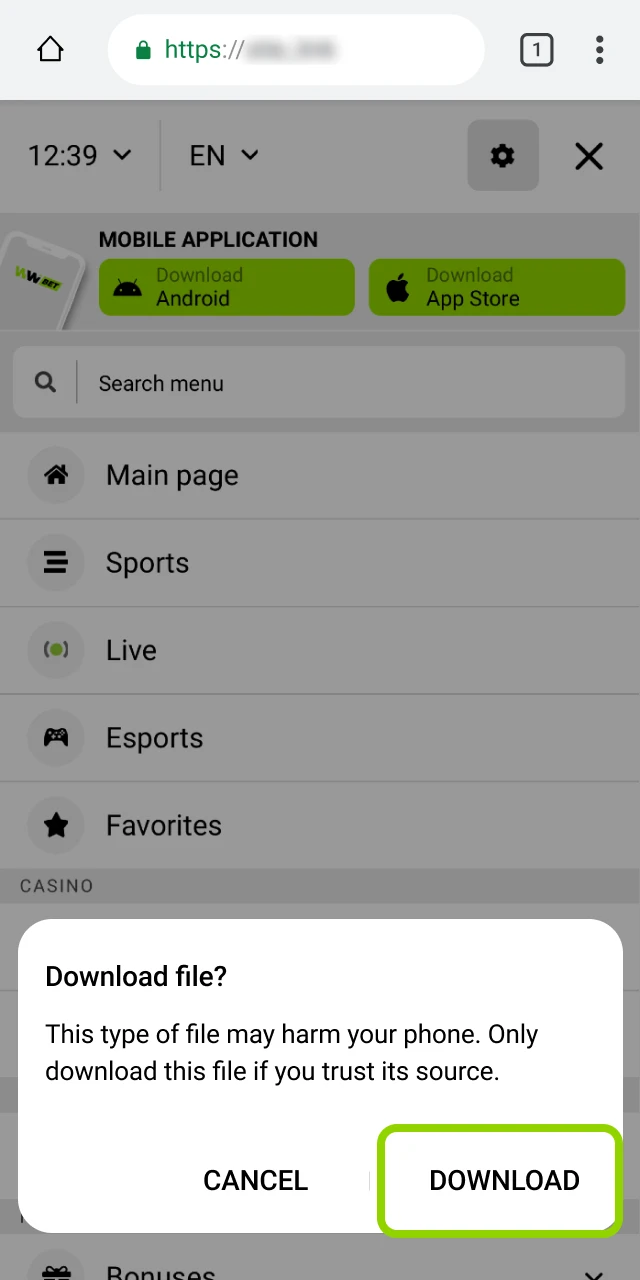 Browser download confirmation pop-up for the WinWin APK file.