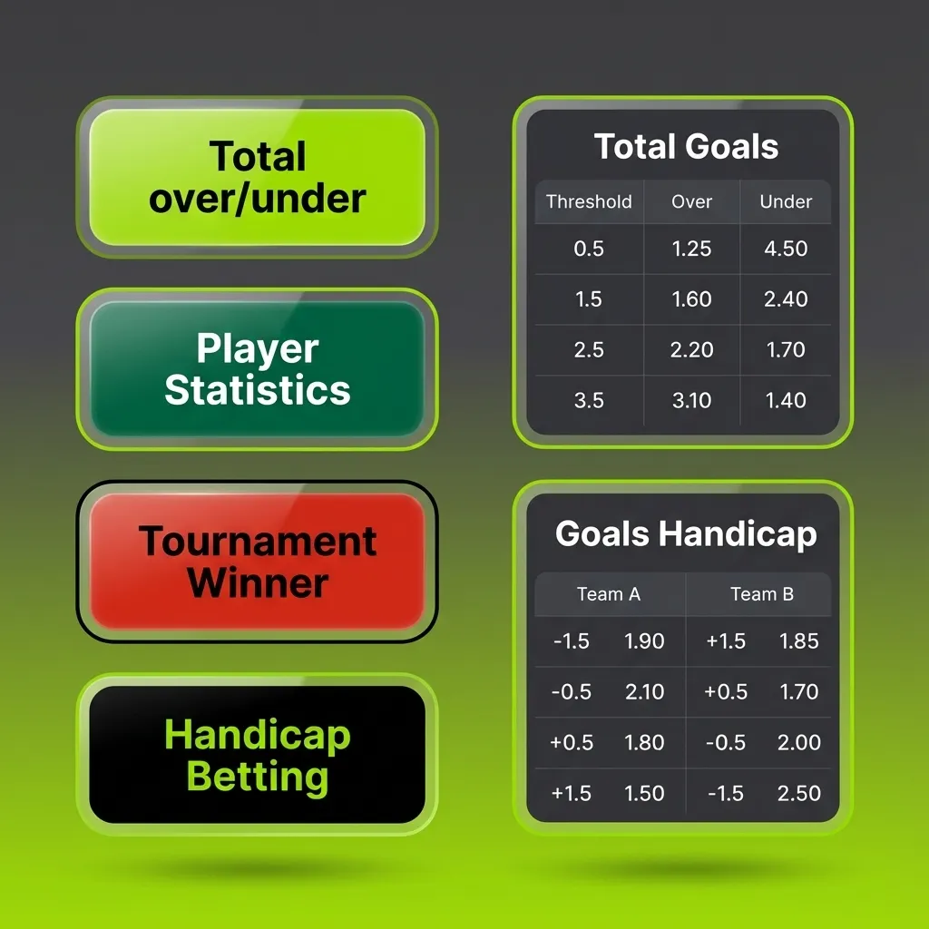 Infographic titled “Types of Bets” listing Single, Express, System, Live and Handicap bet descriptions on a betting site